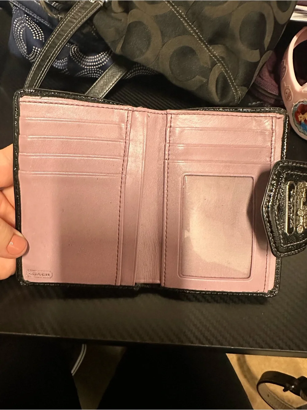 COACH Black Signature Small Trifold Card Holder with Horse-and-Carriage Plaque